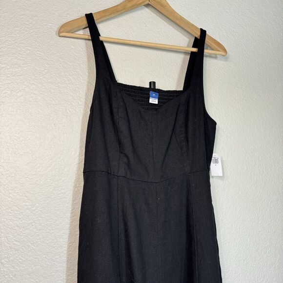 Old Navy Dress M Black Linen Sleeveless Midi Smocked Pockets Cottagecore Prairie - Picture 3 of 9